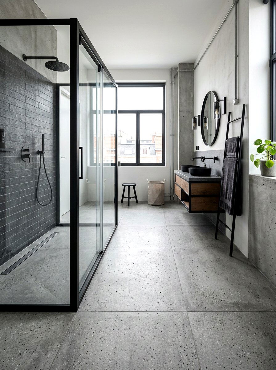 Grey concrete look floor tile - 30 removable tile bathroom ideas