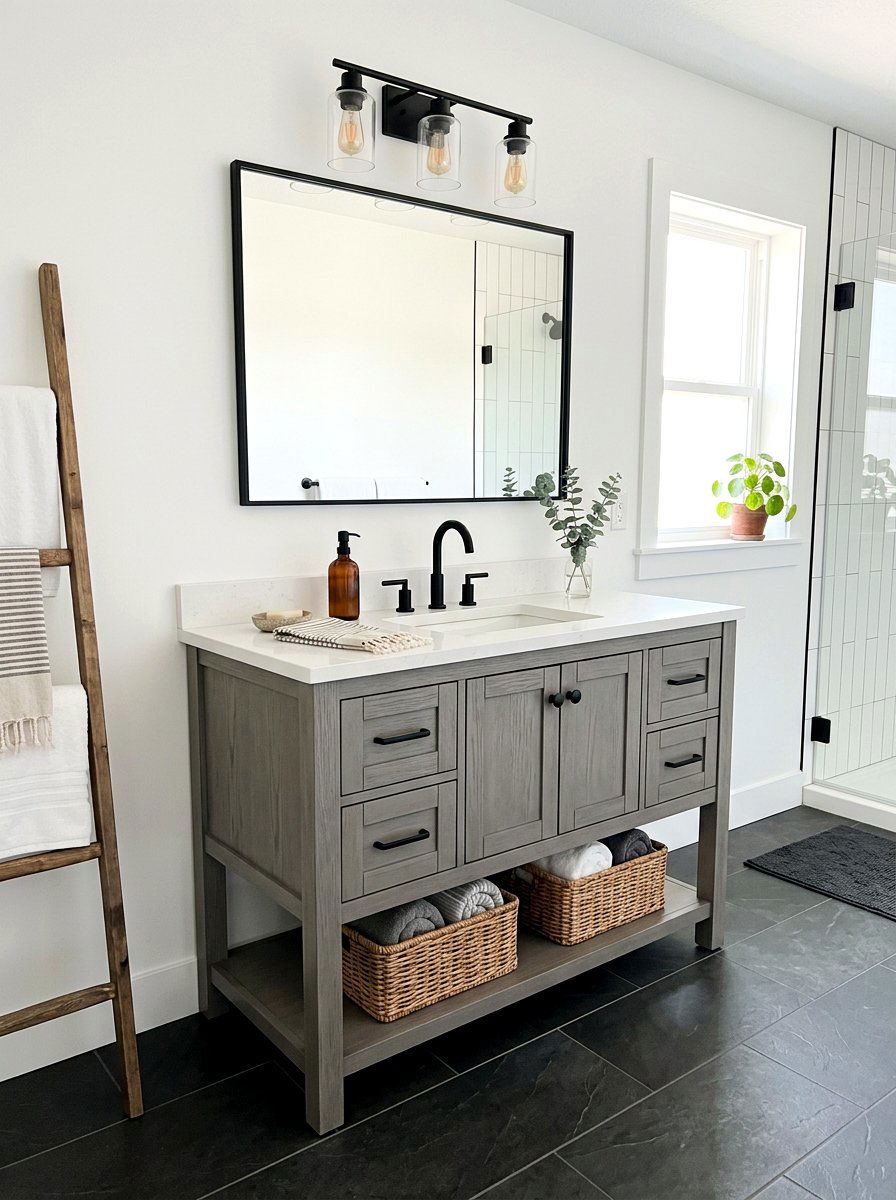 Grey farmhouse bathroom vanity - 30 farmhouse bathroom vanity ideas