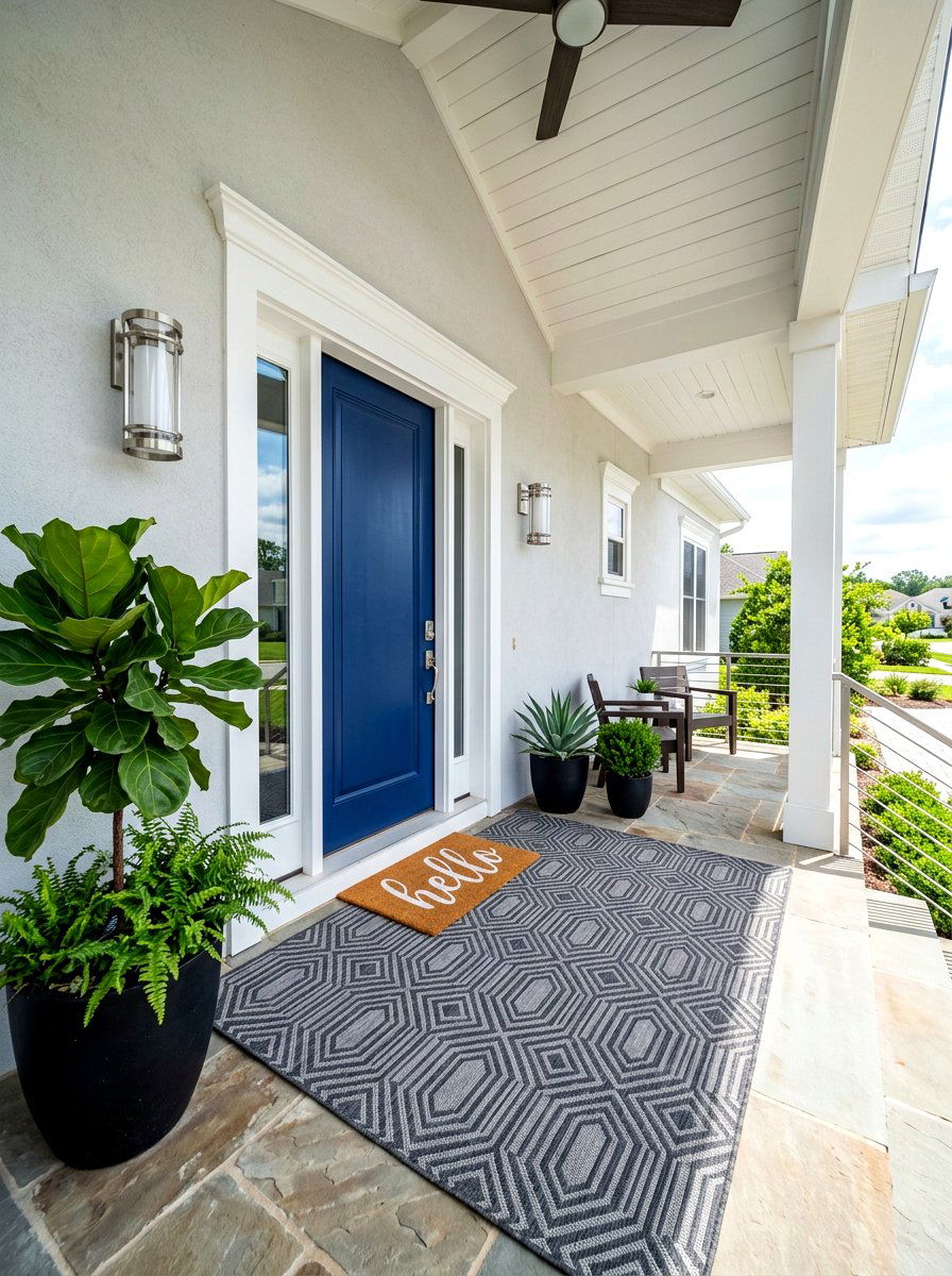 Grey geometric outdoor rug - 30 porch doormat layering ideas