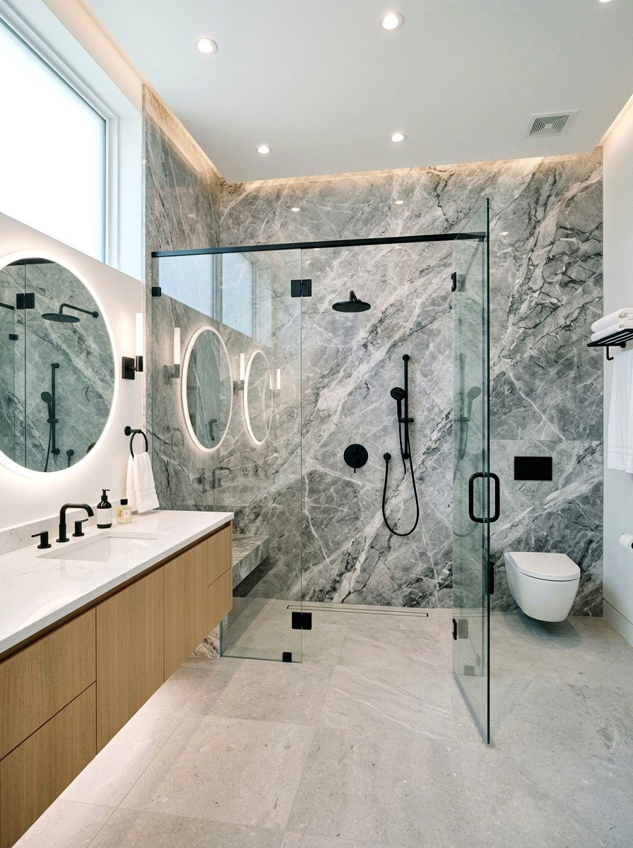 Grey marble slab wall panel - 30 removable tile bathroom ideas
