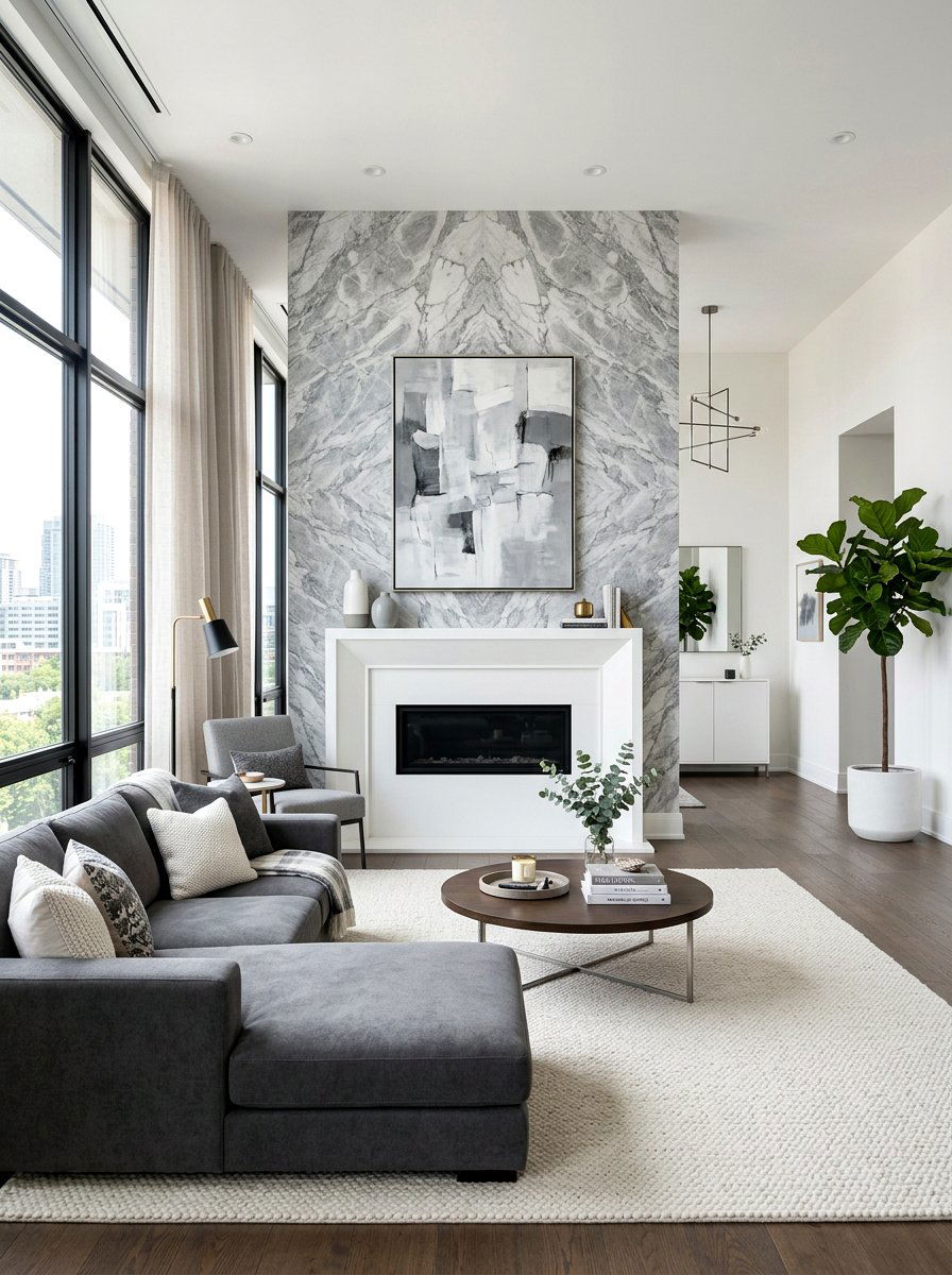 Grey marble wallpaper fireplace wall - 30 wallpaper accent wall ideas