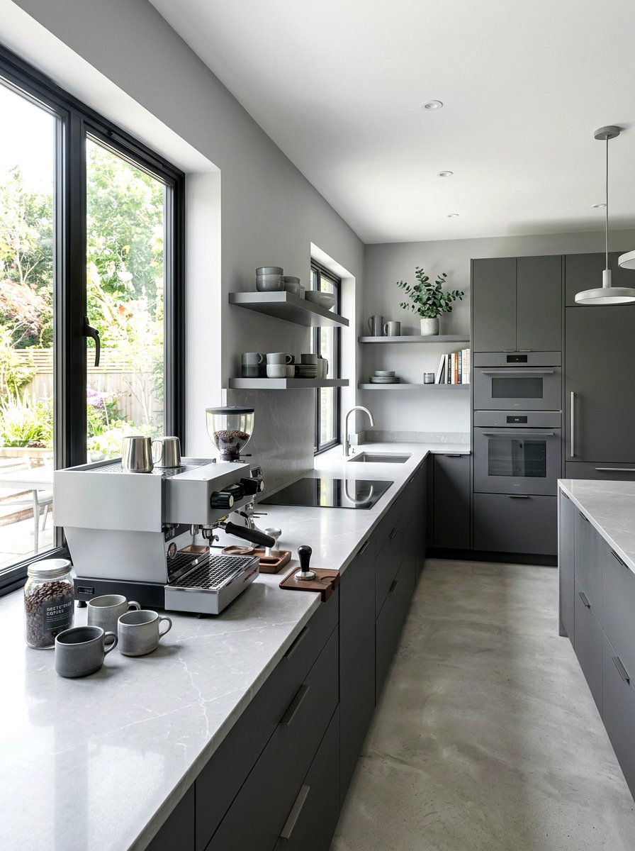 Grey monochromatic kitchen - 30 home cafe kitchen ideas