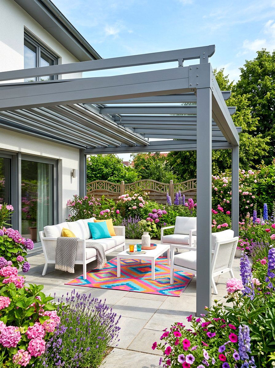 Grey powder coated metal patio cover - 30 metal patio cover ideas
