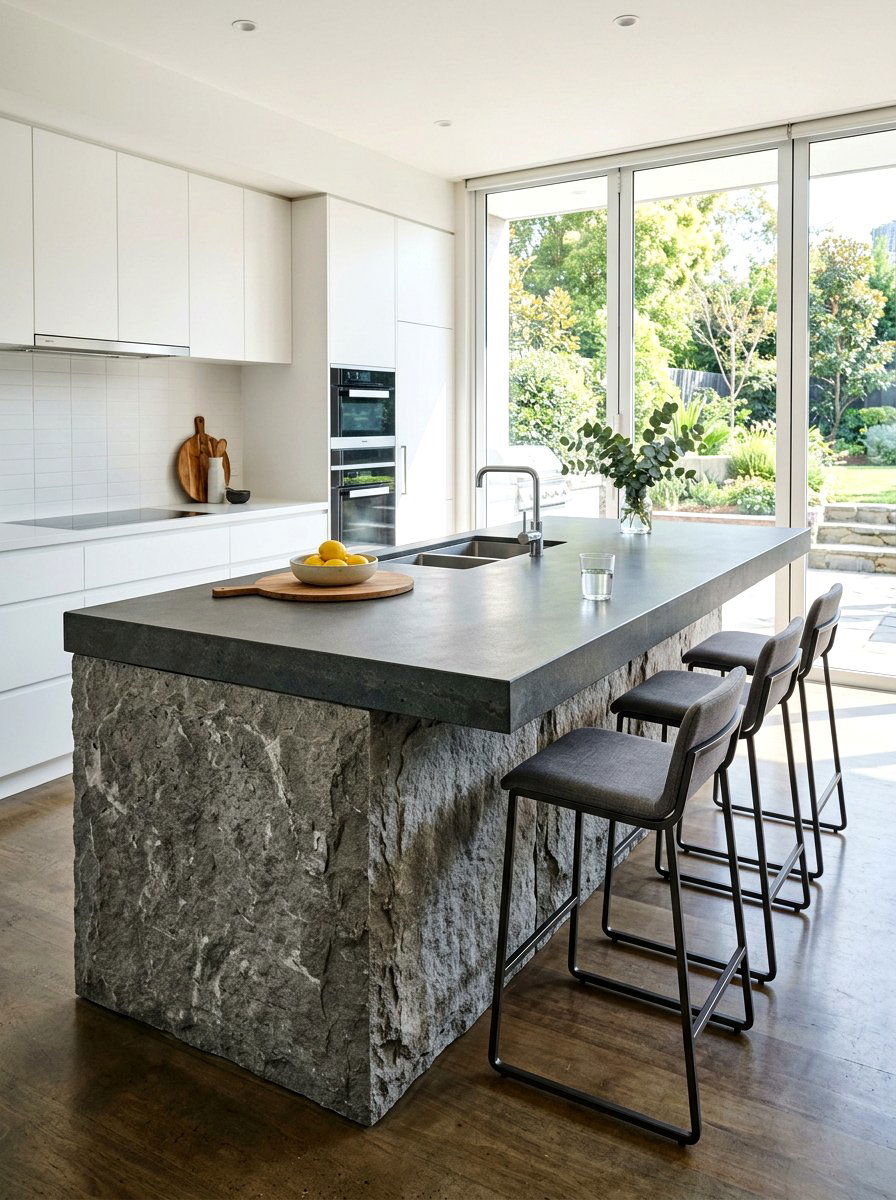 Grey stone kitchen island with seating - 30 statement island kitchen ideas