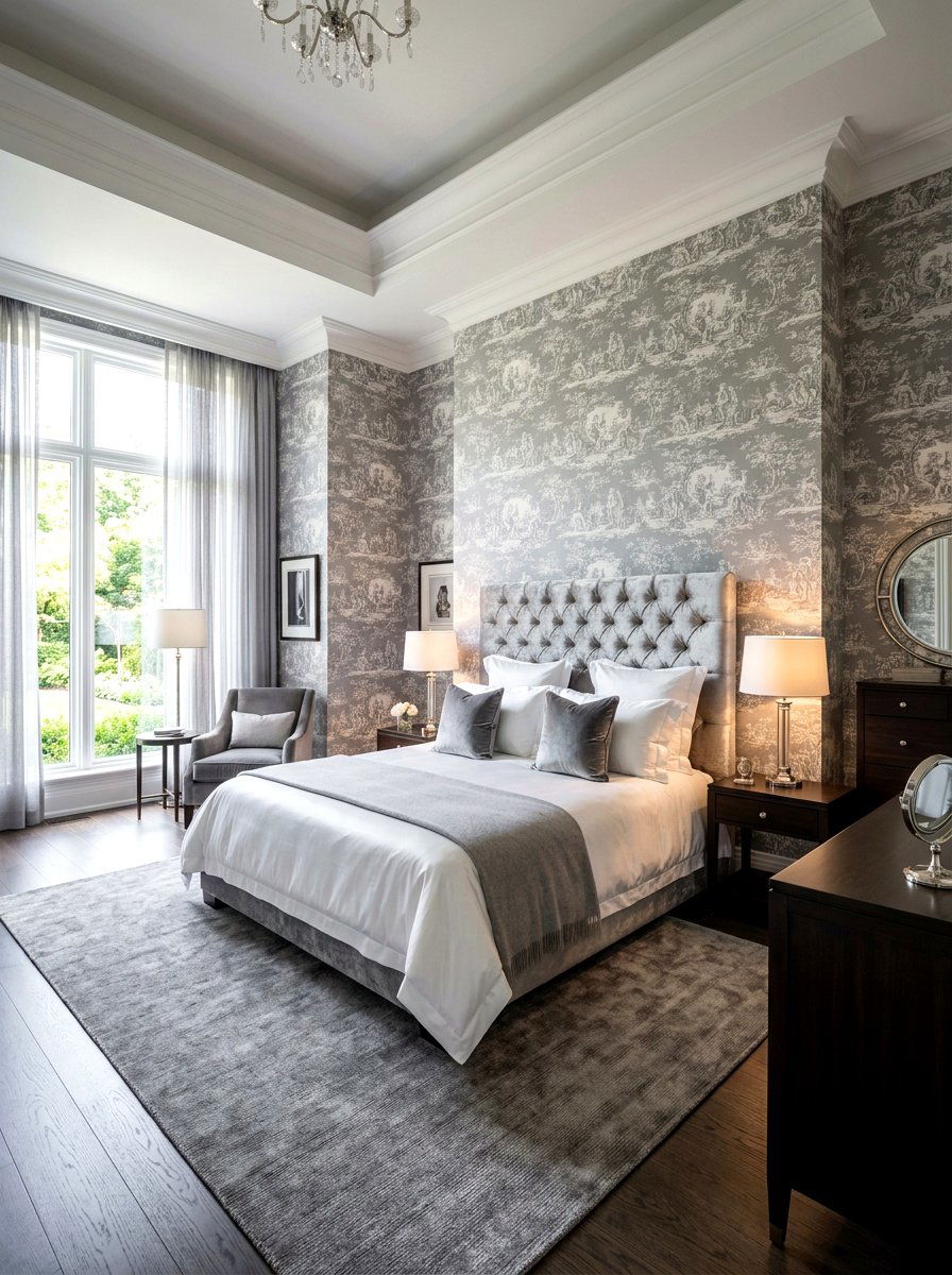 Grey toile textured walls - 30 toile bedroom ideas