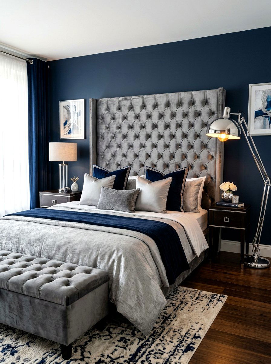 Grey velvet silver headboard - 30 silver chrome bedroom ideas