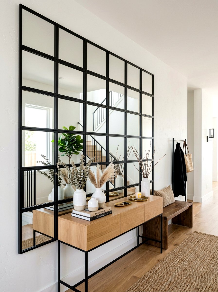 Grid Mirror Entryway Wall - 30 mirror wrapped foyer ideas