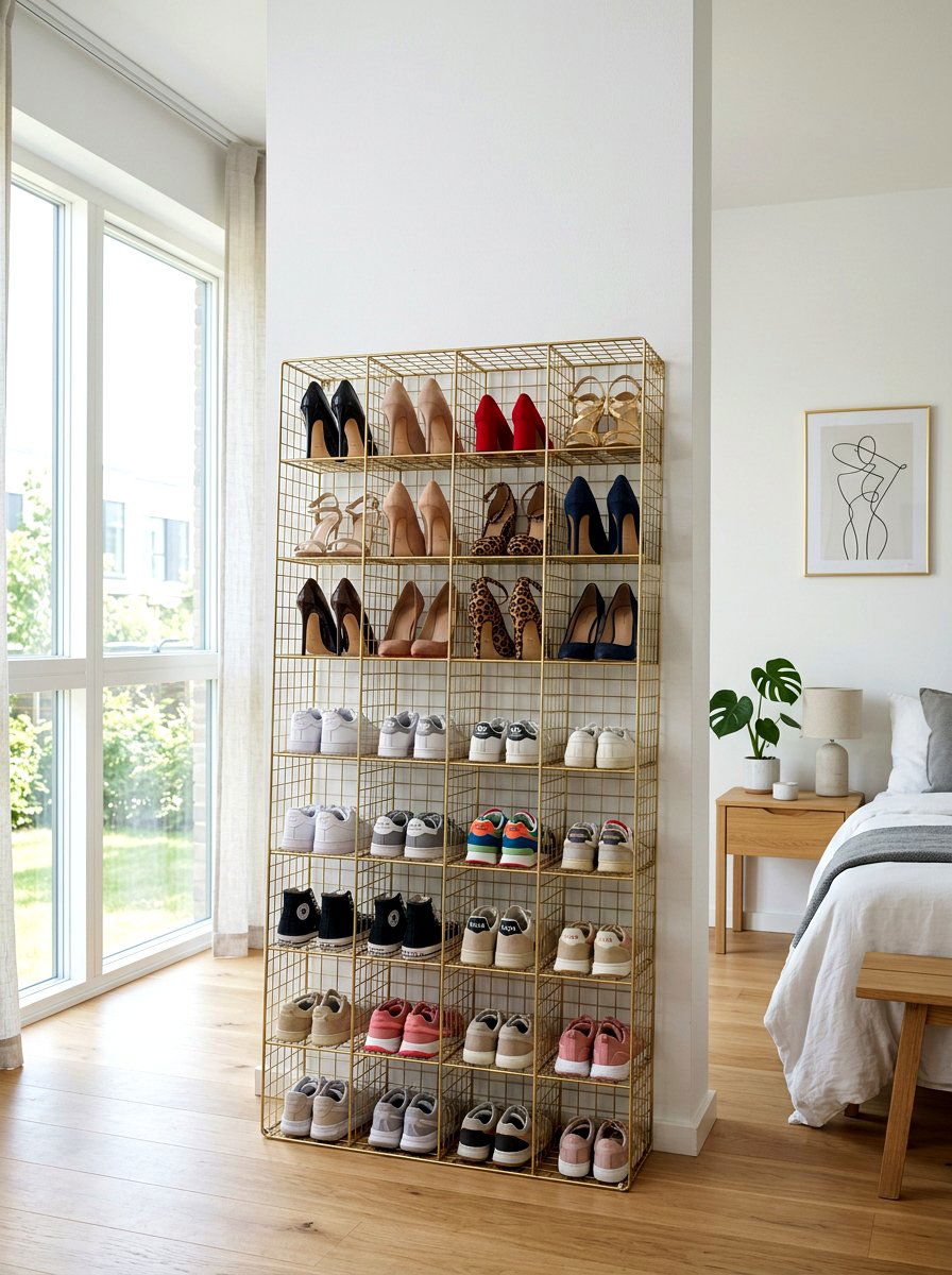 Grid Wire Shoe Organizer - 30 apartment shoe wall ideas