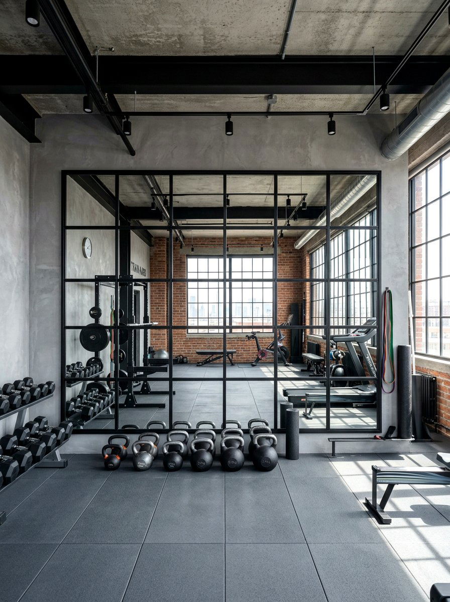 Grid style wall mirror - 30 workout room mirror ideas