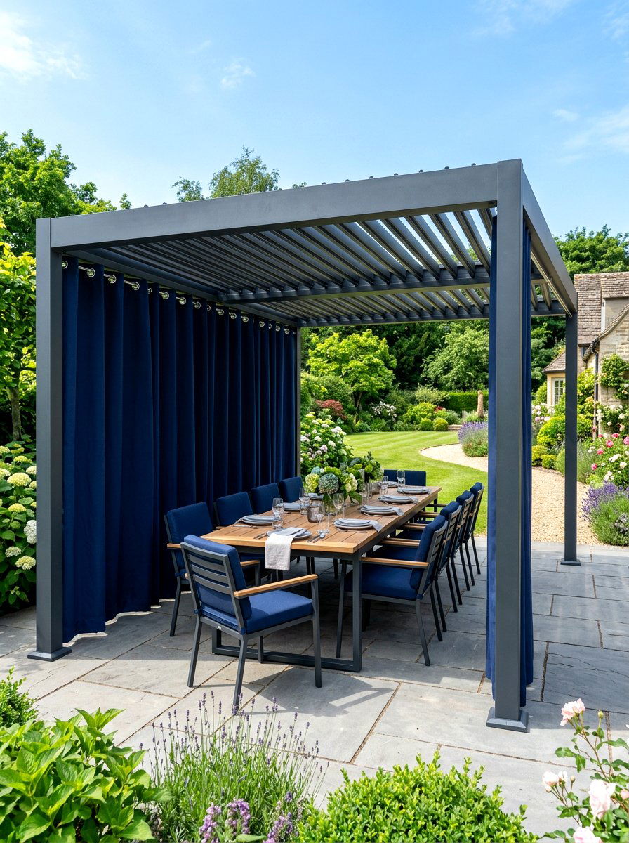 Grommeted waterproof pergola wall - 30 pergola privacy curtain ideas