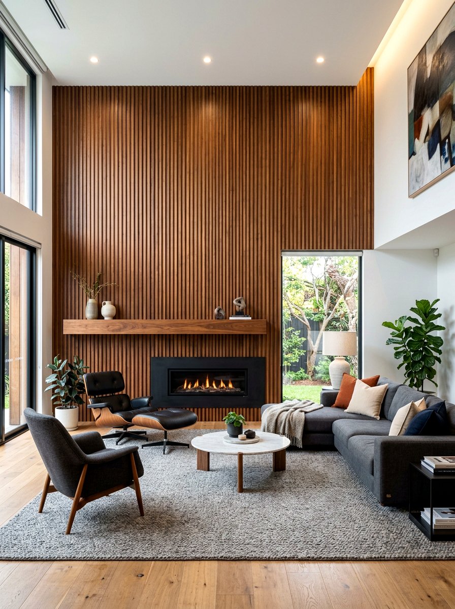 Grooved timber wall - 30 acoustic living room ideas