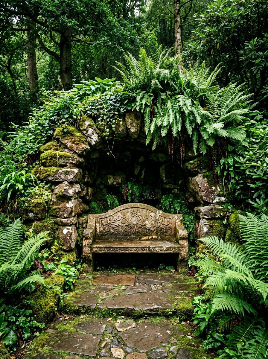 Grotto Stone Bench - 30 stone bench garden ideas