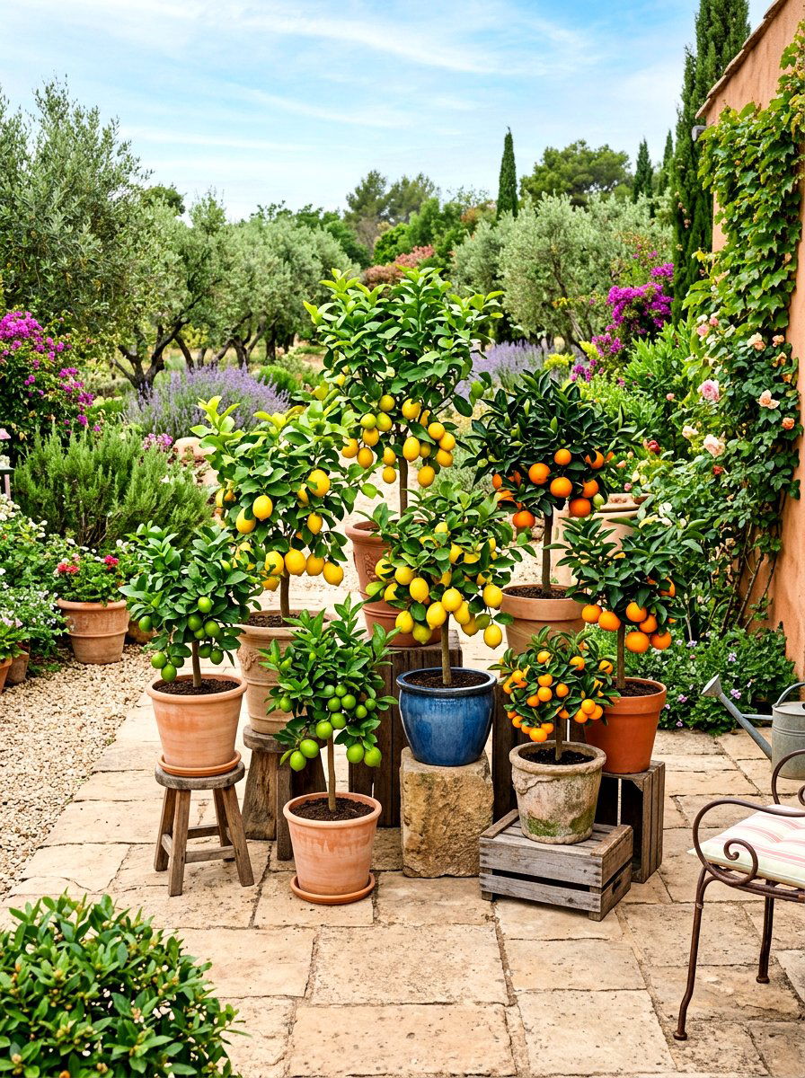 Grouped Citrus Tree Arrangement - 30 potted citrus backyard ideas