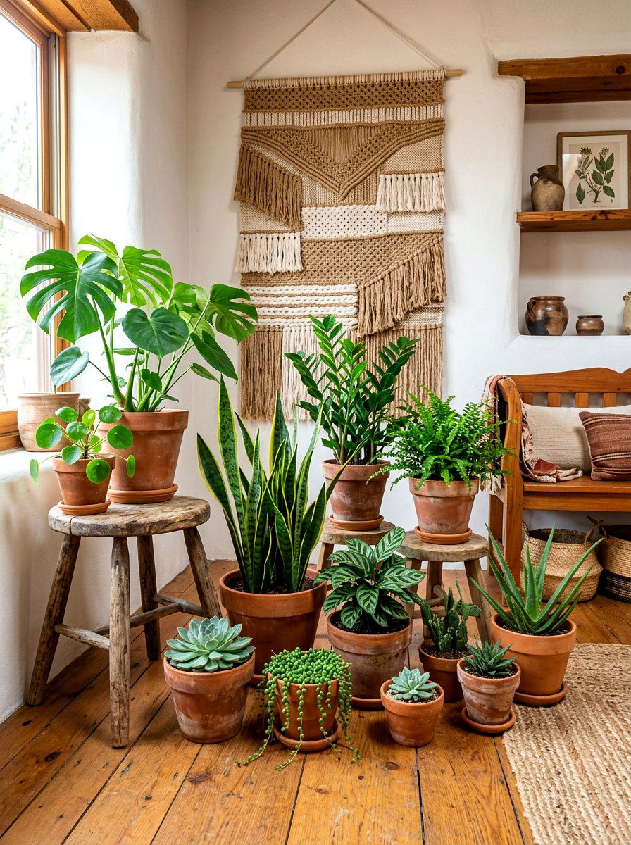 Grouped Terracotta Pot Plants - 30 corner plant living room ideas