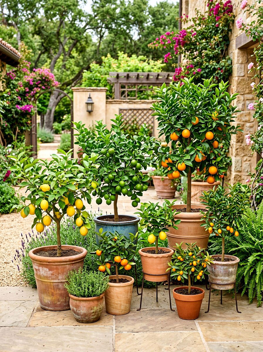 Grouping Of Citrus Trees In Varied Heights - 30 potted citrus patio ideas