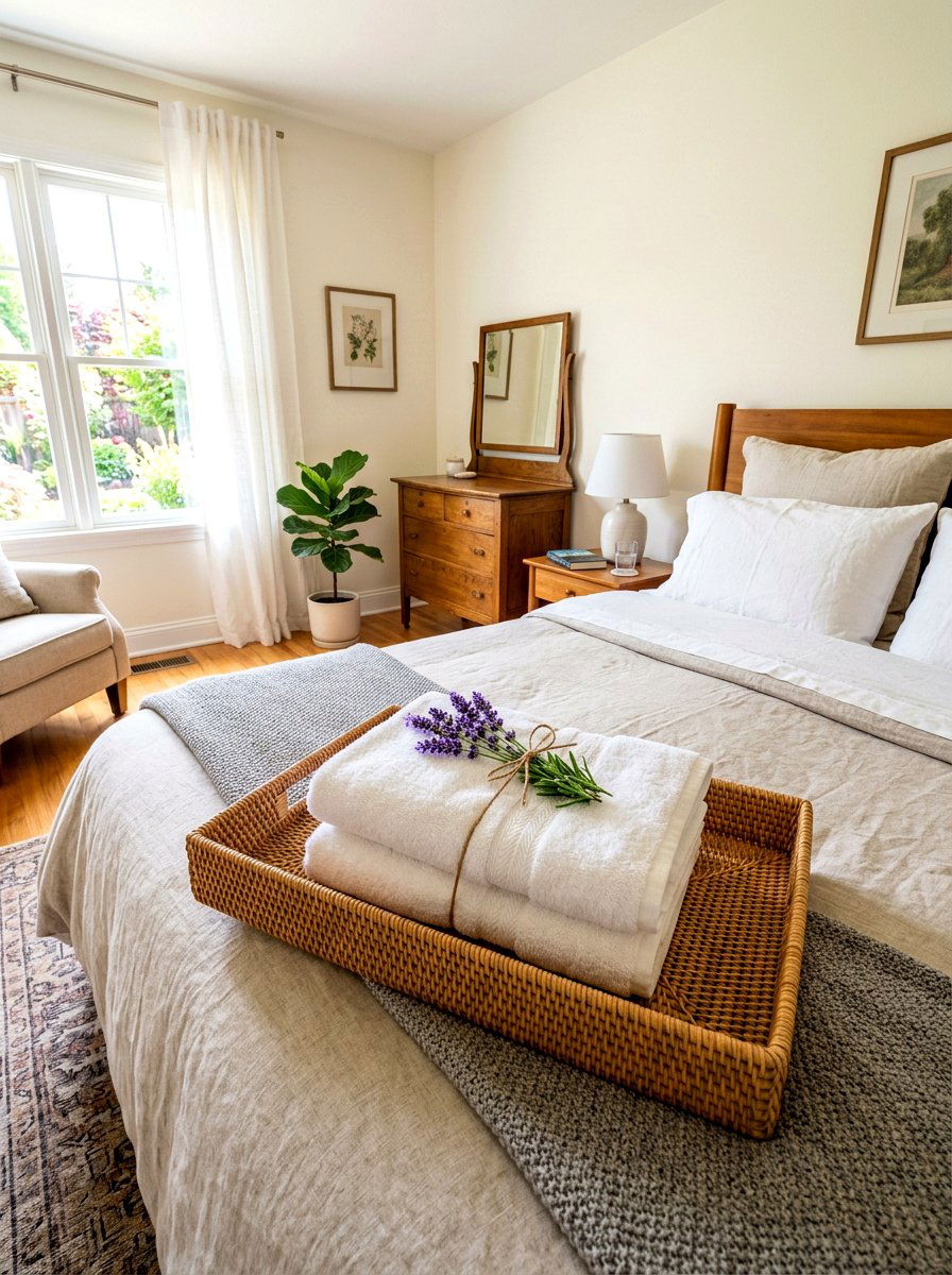Guest Bedroom Towel Wicker Tray - 30 woven tray decor ideas