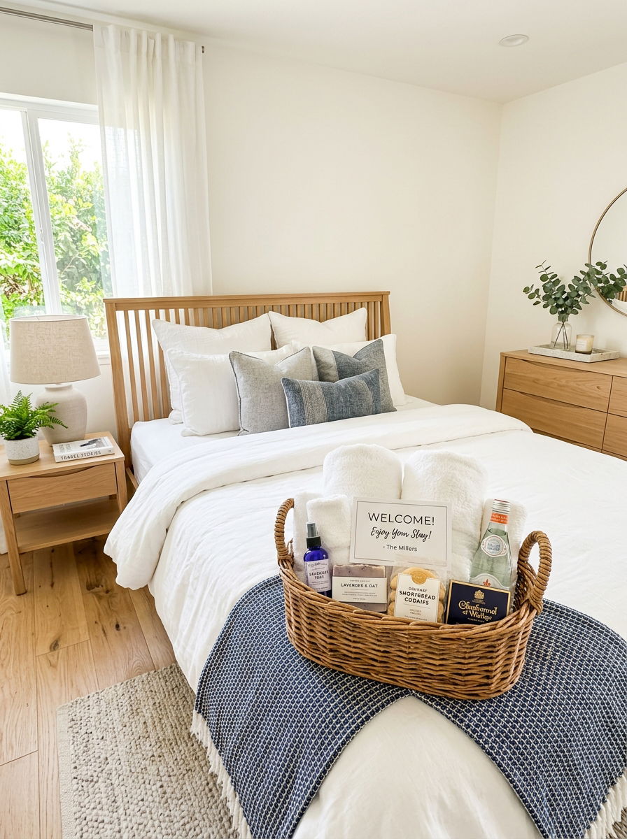 Guest Room Welcome Basket - 30 woven basket decor ideas