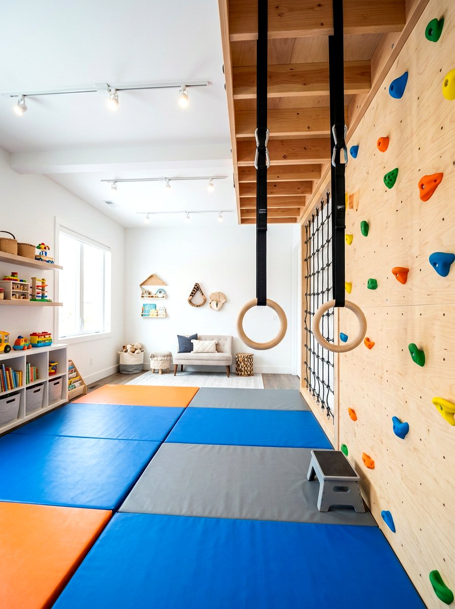 Gymnastic Rings Integration - 30 climbing wall playroom ideas