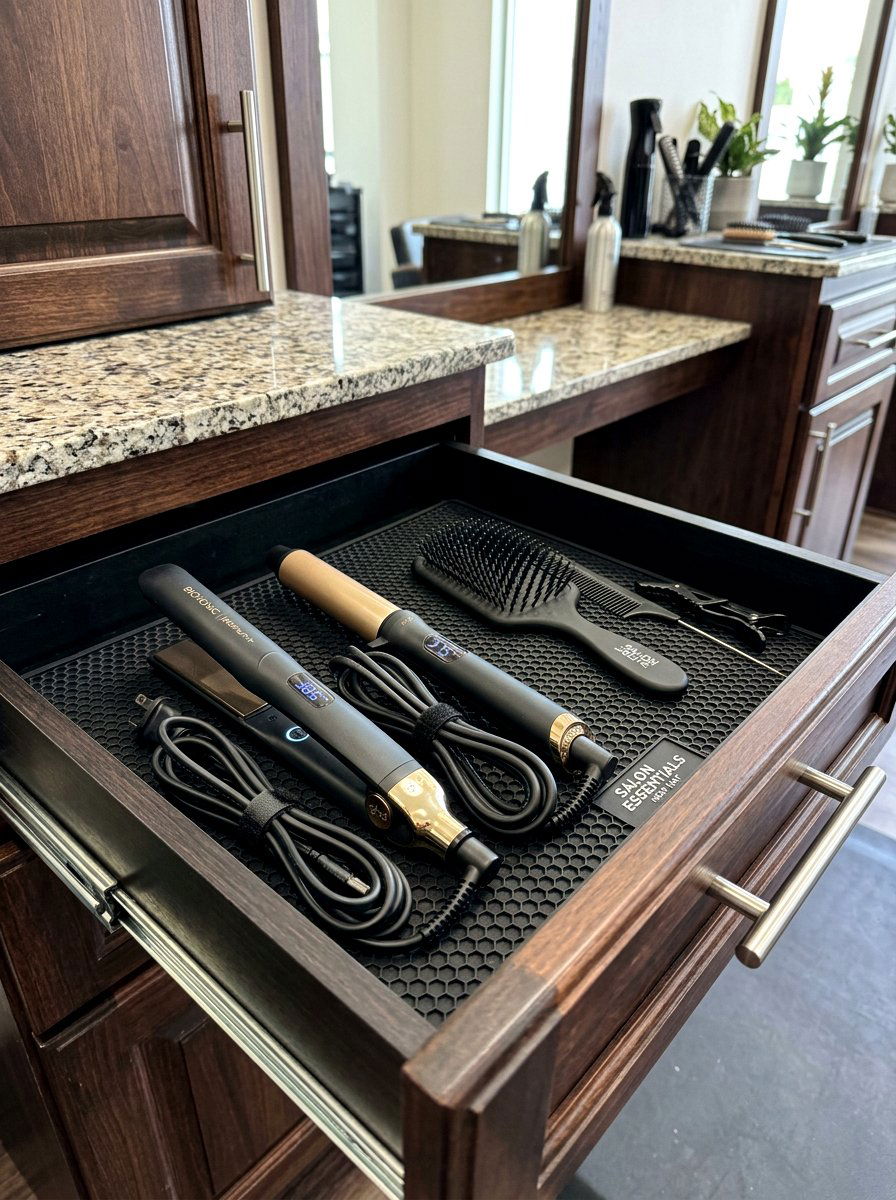 Hair tool drawer heat resistant mat - 30 vanity drawer organization ideas