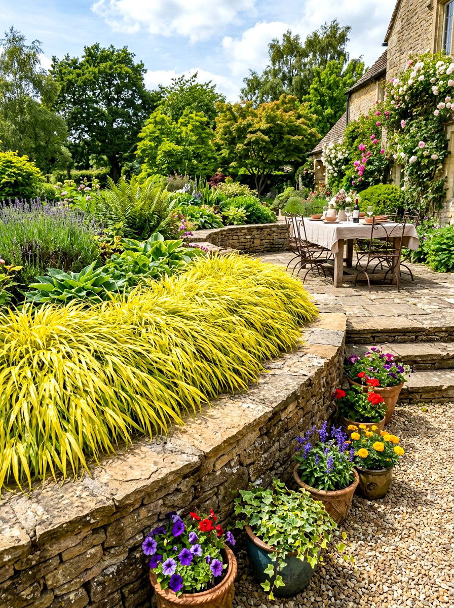 Hakone grass terrace border - 30 ornamental grass border ideas