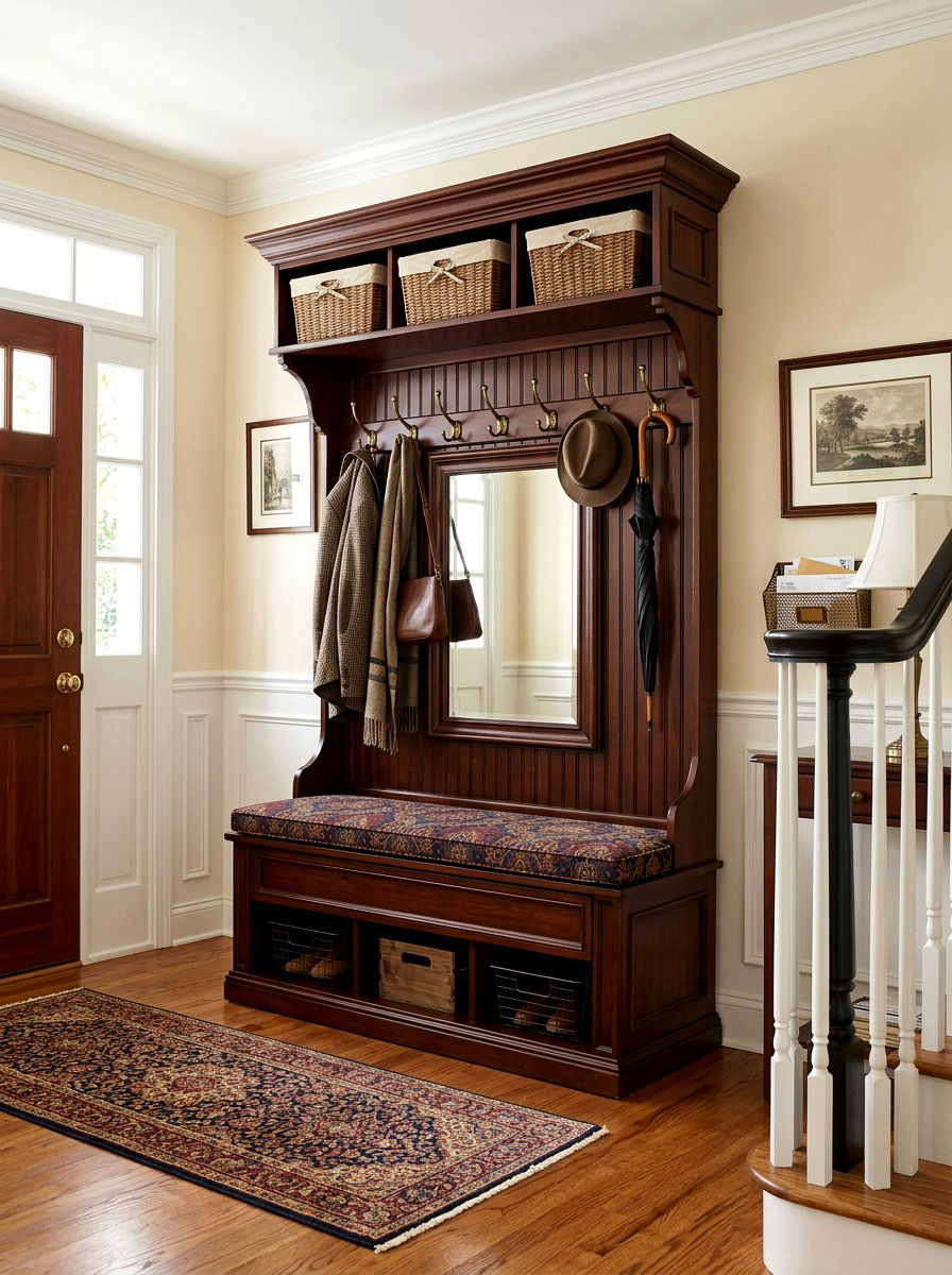 Hall tree with bench and hooks - 30 organizing a mudroom ideas