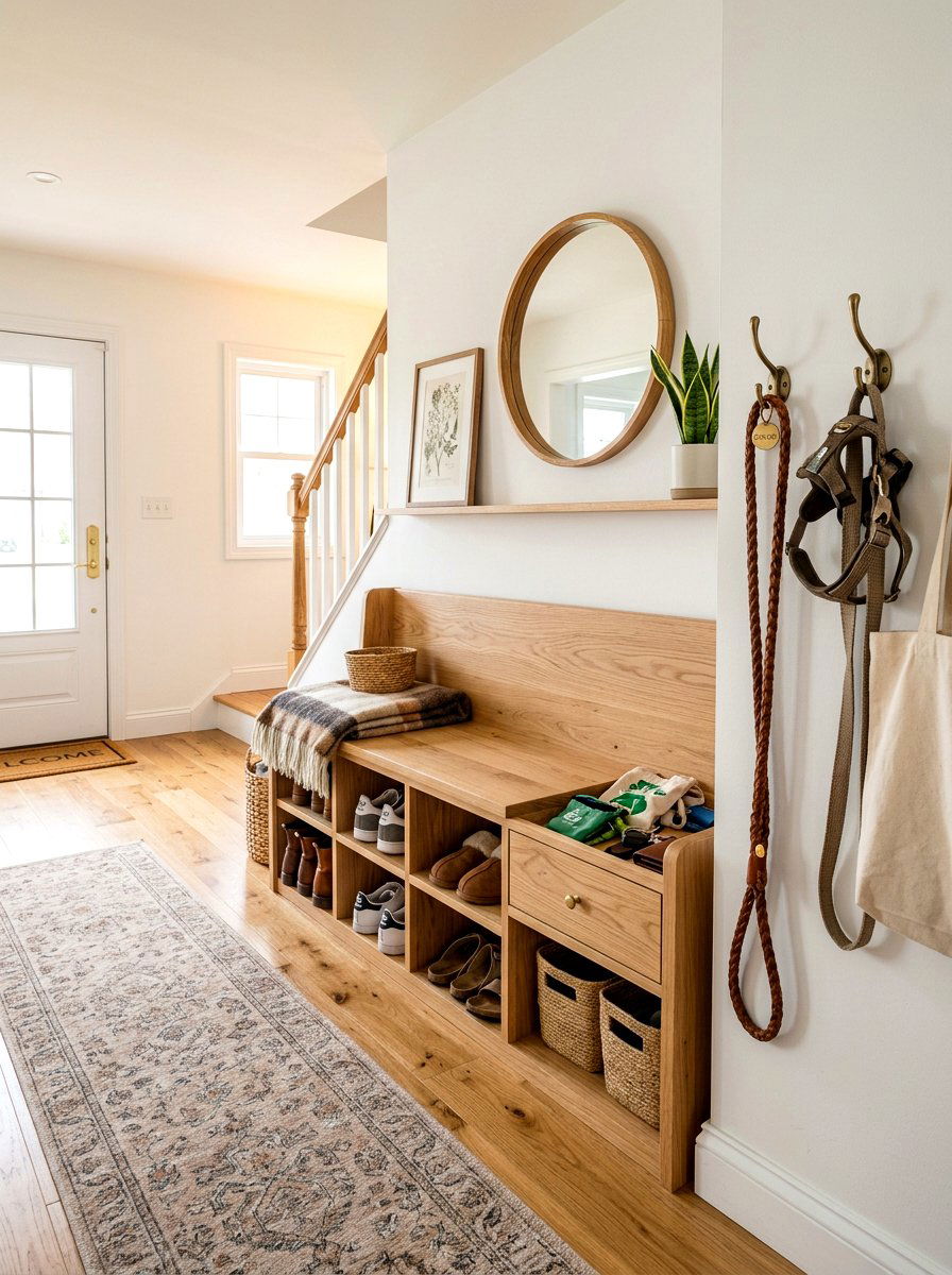 Hallway Bench With Shoe And Leash Storage - 30 organizing pet supplies ideas