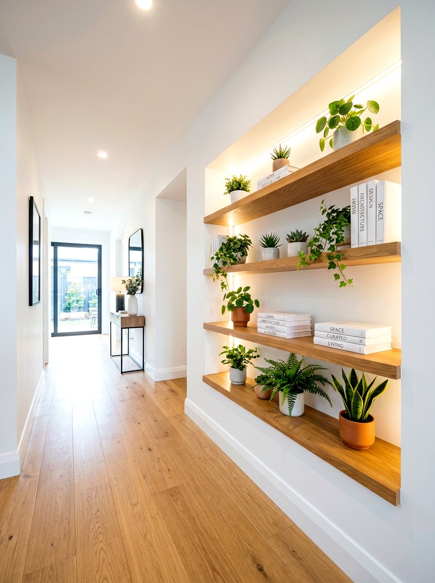 Hallway Niche With Wood Shelves - 30 built in hall niche ideas
