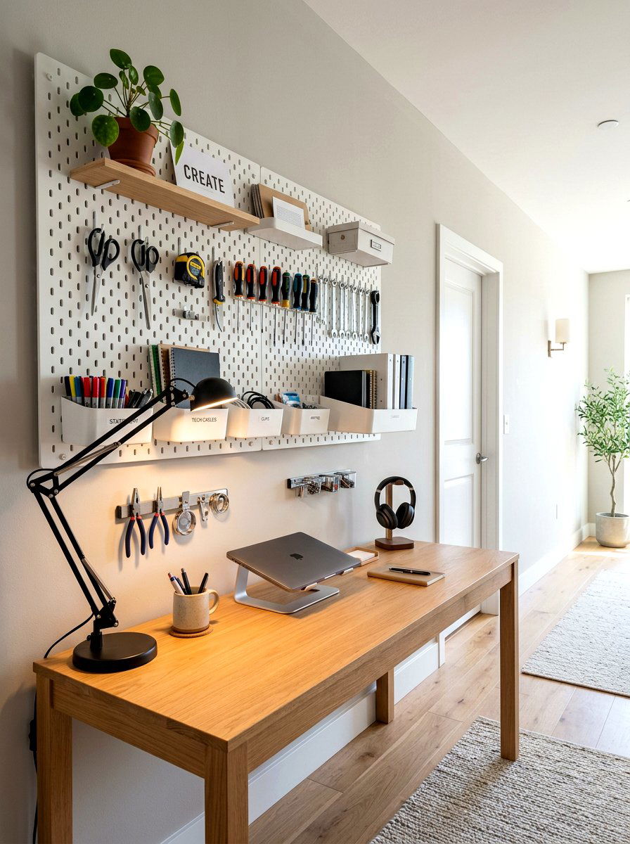 Hallway desk with pegboard - 30 hallway office nook ideas