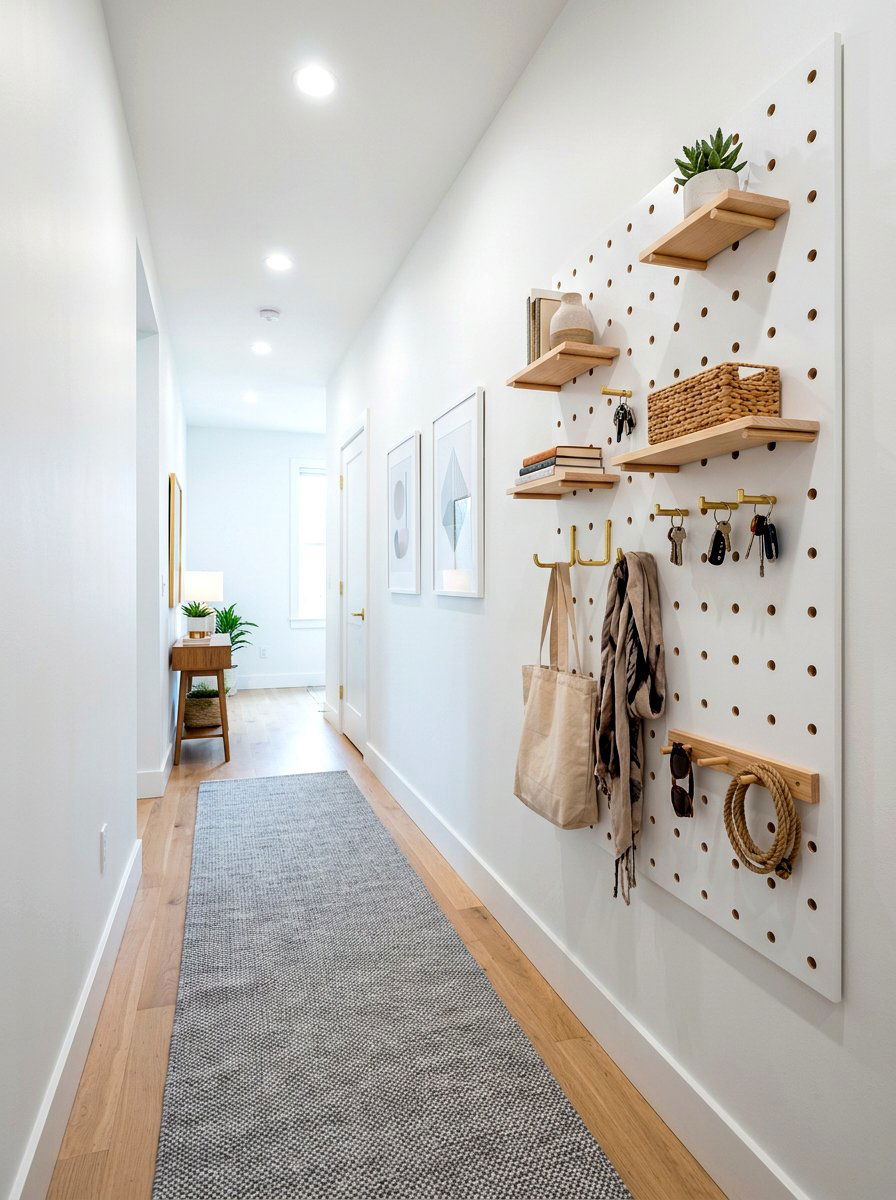 Hallway pegboard organizer - 30 narrow rental hallway ideas