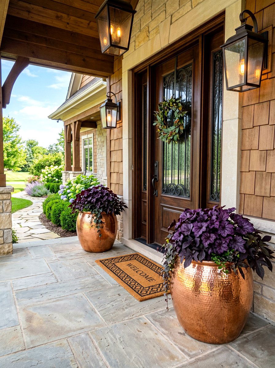 Hammered Copper Front Porch Pots - 30 oversized planter curb appeal ideas
