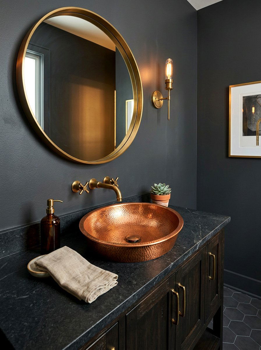 Hammered Copper Sink - 30 vintage powder room ideas
