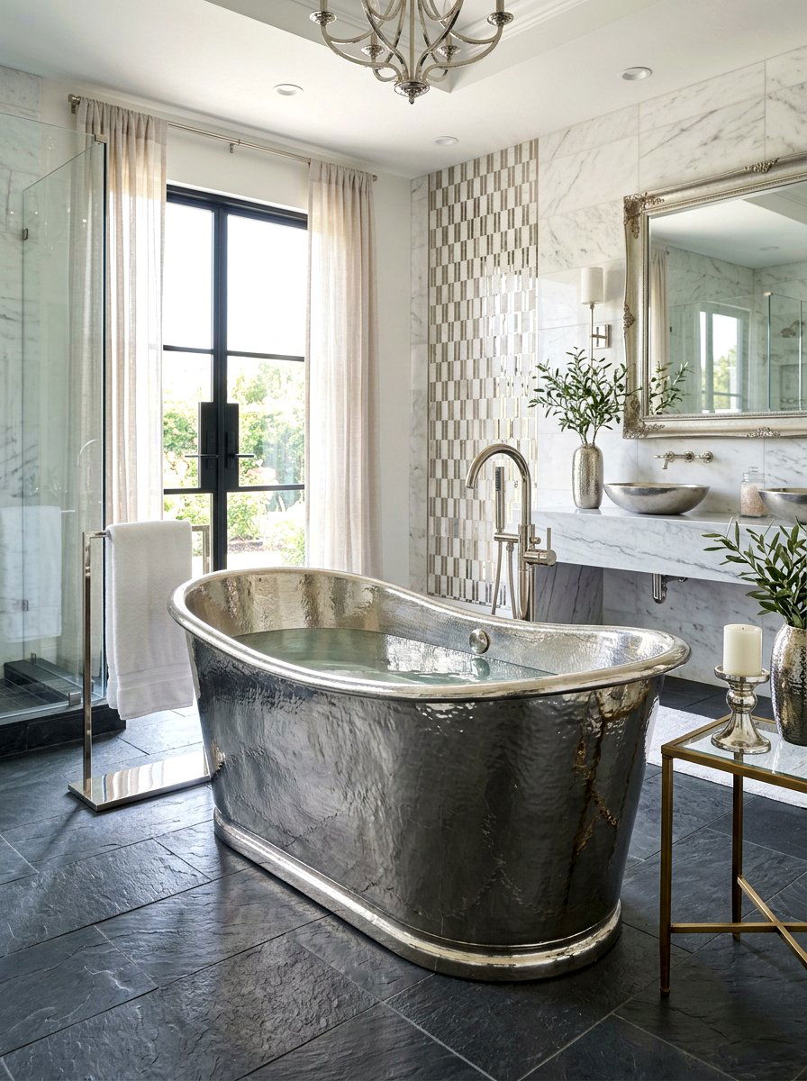 Hammered Nickel Tub - 30 soaking tub ideas