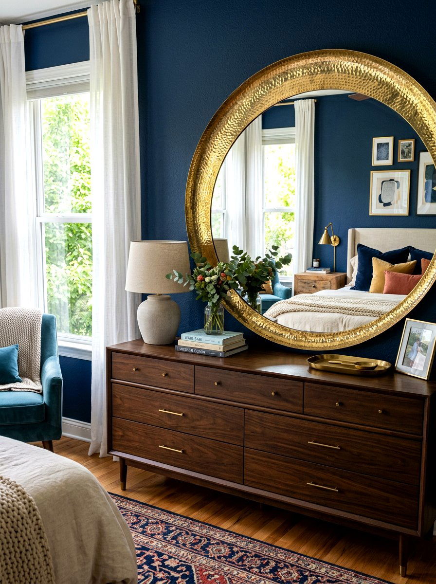 Hammered metal mirror - 30 tactile bedroom decor ideas