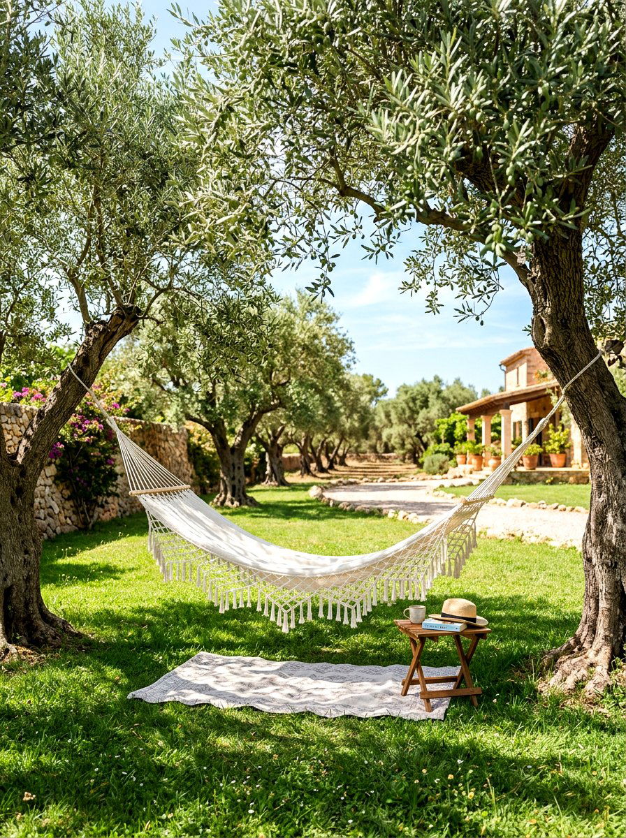 Hammock between olive trees - 30 olive grove backyard ideas