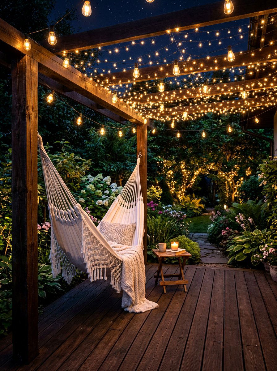 Hammock with fairy lights - 30 hammock patio ideas