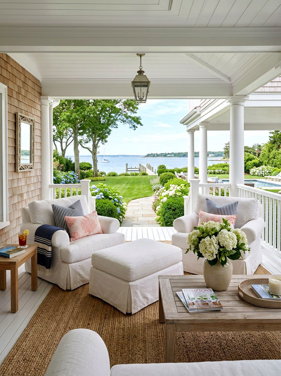 Hamptons Style Porch Seating - 30 coastal prep porch ideas