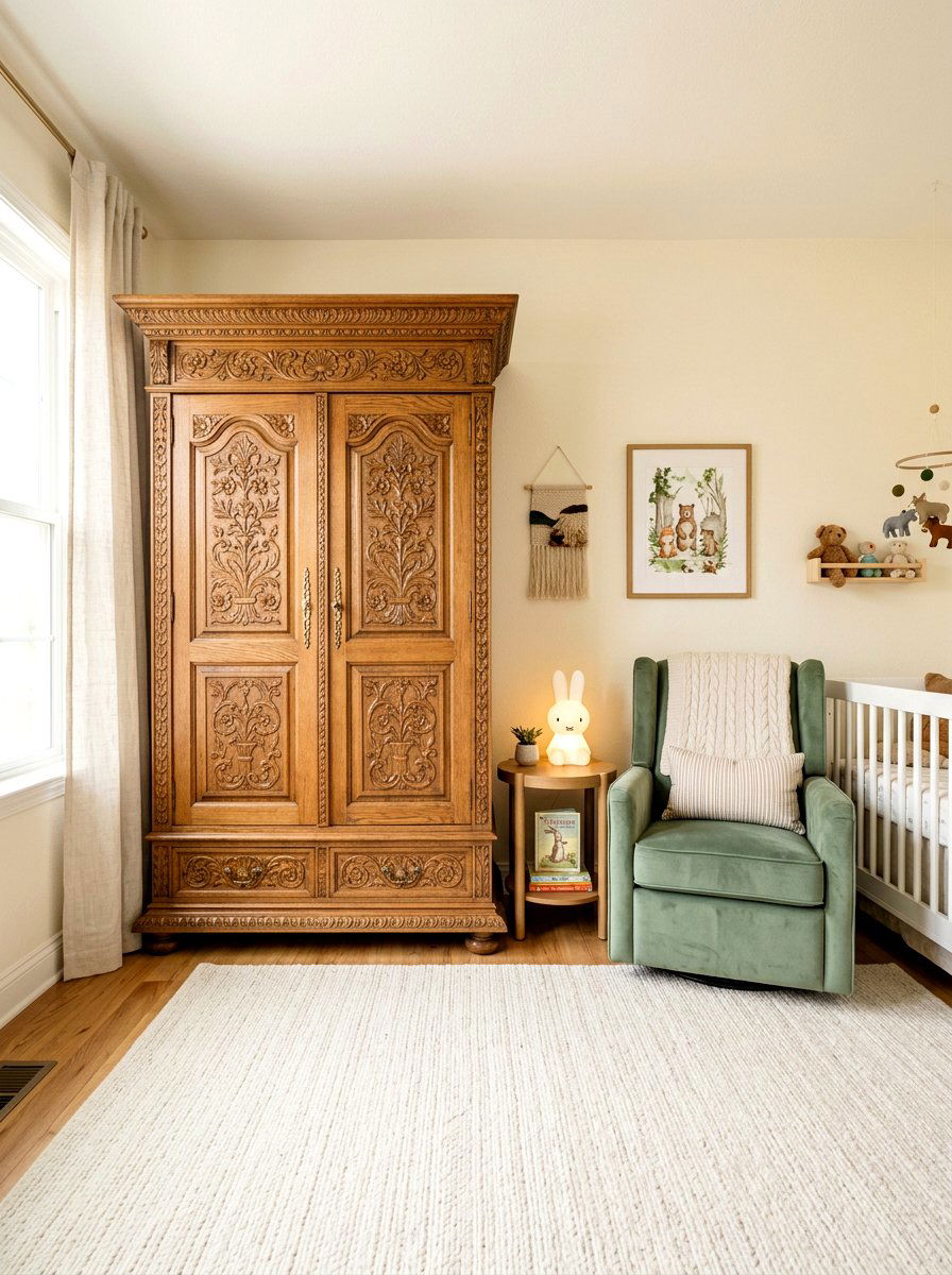 Hand Carved Armoire - 30 soft heirloom nursery ideas