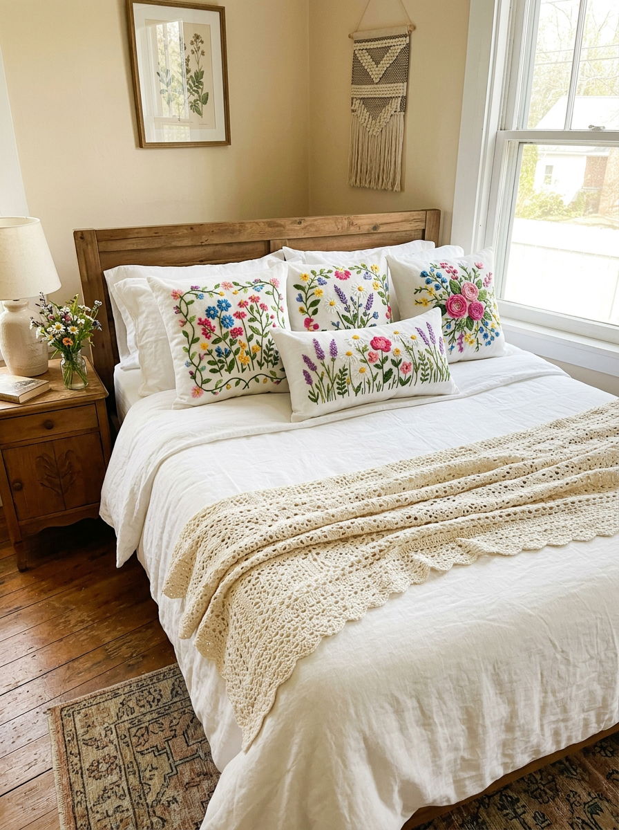 Hand Embroidered Pillows - 30 soft vintage bedroom ideas