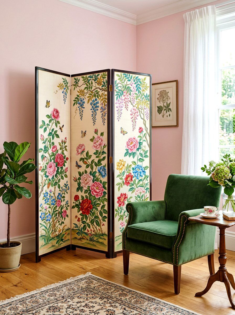 Hand Painted Floral Screen - 30 antique bedroom decor ideas