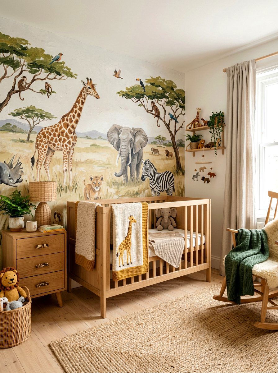 Hand Painted Safari Mural - 30 safari wall mural nursery ideas