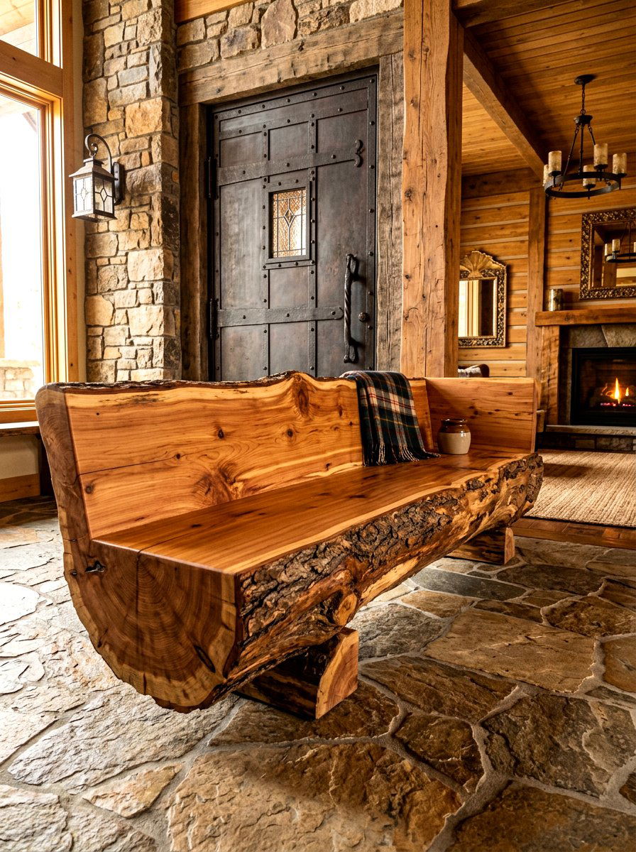 Hand carved log bench - 30 sculptural entry bench ideas