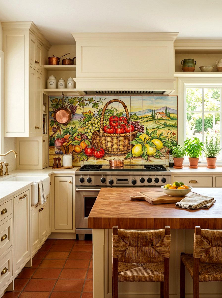 Hand painted tile mural - 30 tomato girl kitchen ideas