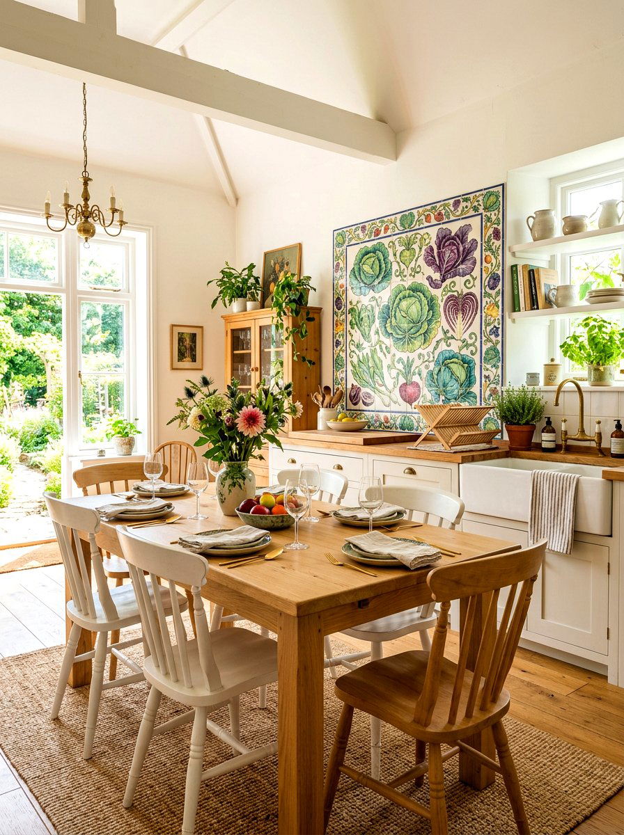 Hand painted vegetable tiles for dining - 30 cabbagecore dining room ideas