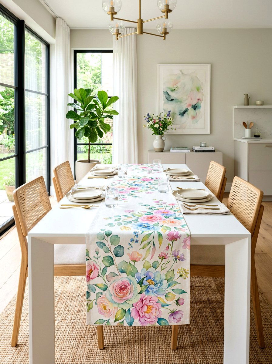 Hand painted watercolor floral table runner - 30 floral table runner ideas
