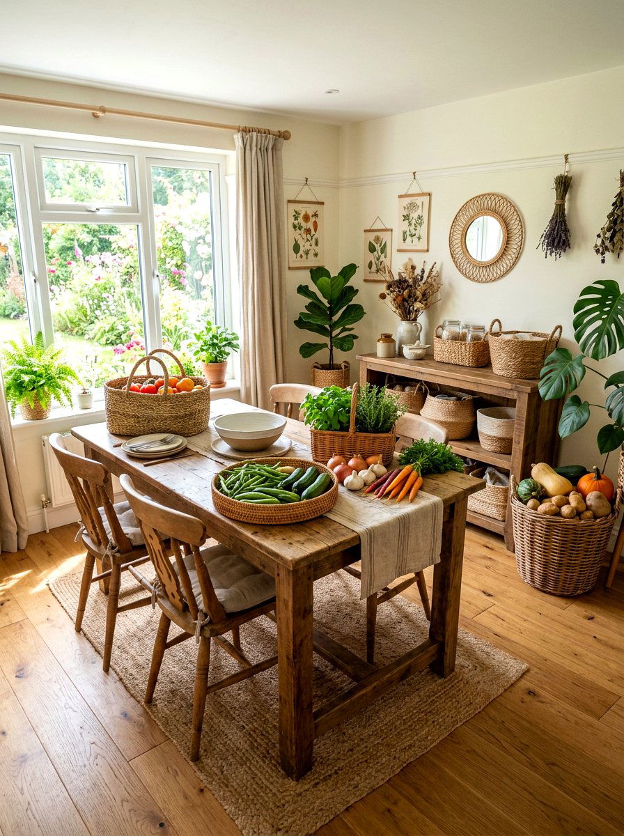 Hand woven baskets for vegetable storage - 30 cabbagecore dining room ideas