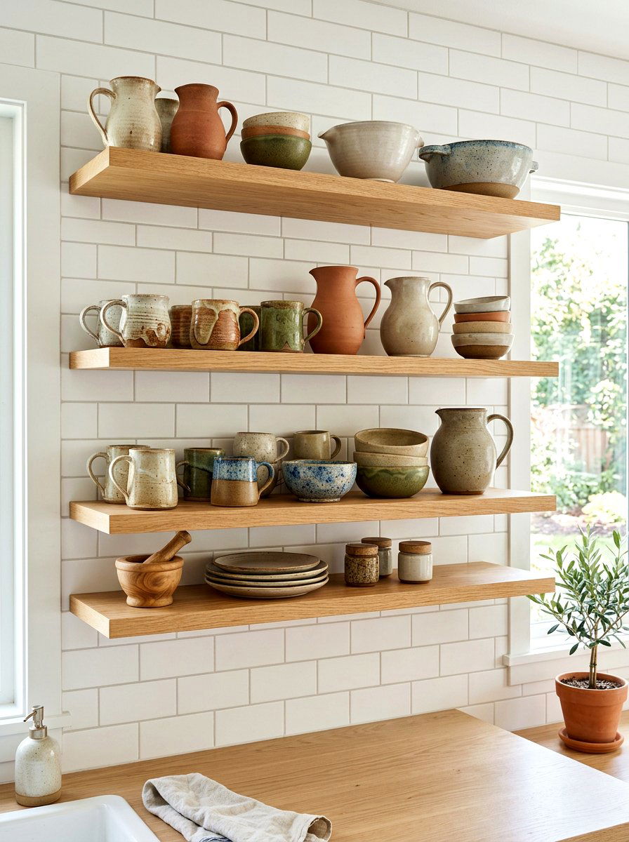 Handcrafted Pottery Shelf Display - 30 layered kitchen decor ideas