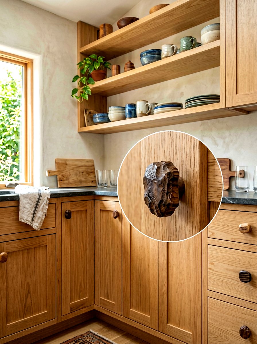 Handcrafted artisan wood knob - 30 wood knob kitchen ideas