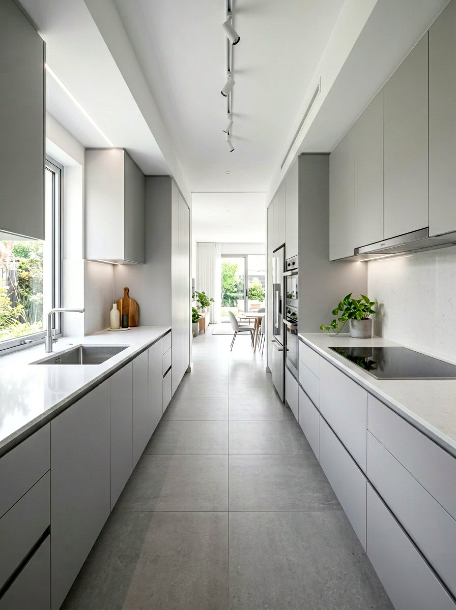 Handleless Minimalist Galley Kitchen - 30 galley kitchen ideas