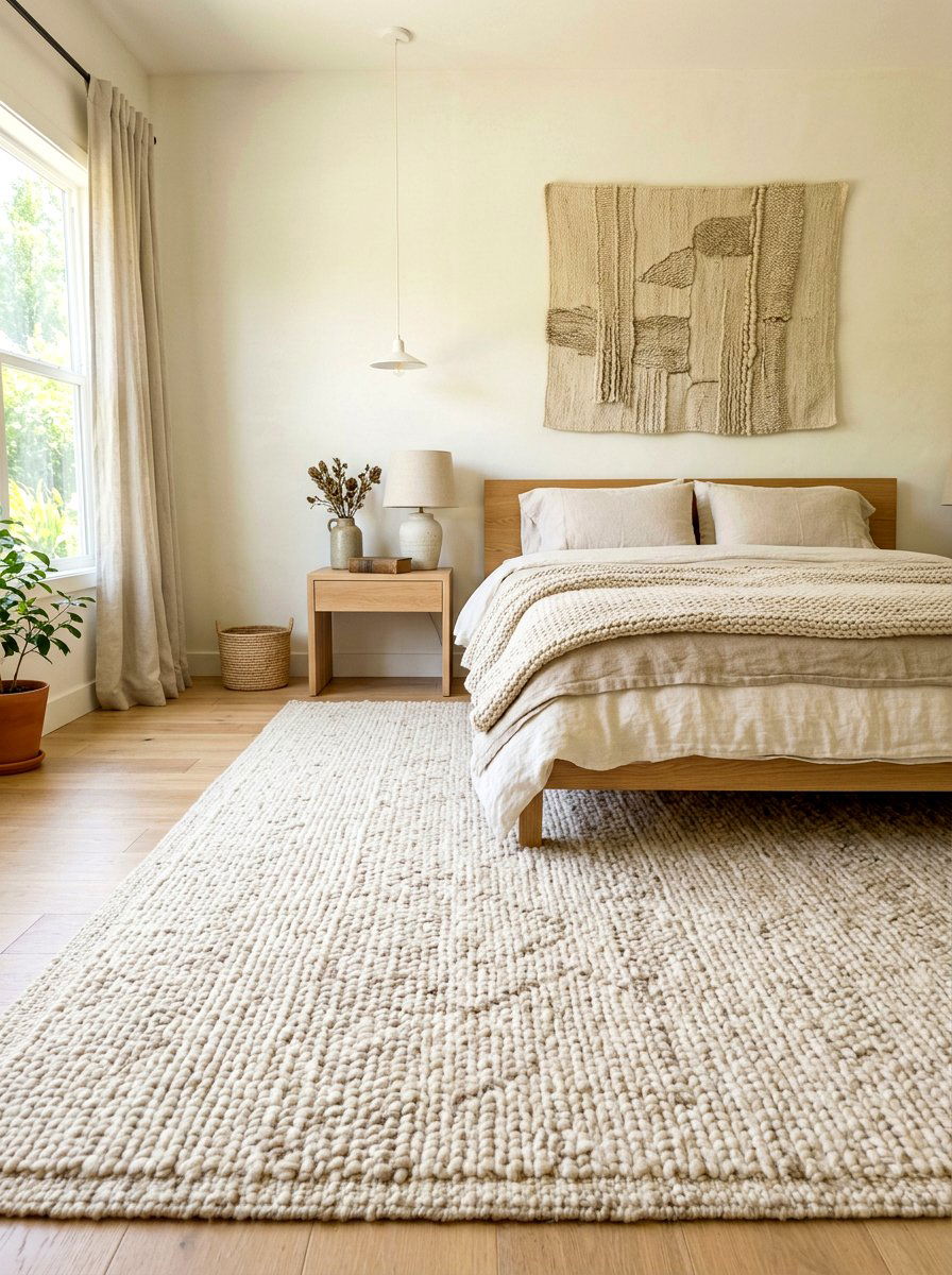 Handwoven Wool Rug Bedroom - 30 earthy minimalist bedroom ideas