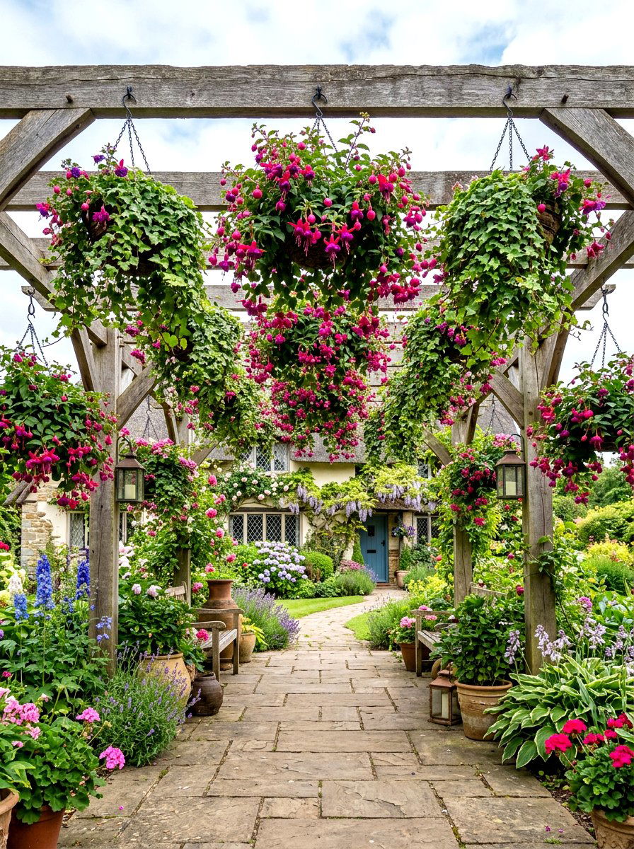 Hanging Basket Canopy - 30 shady courtyard garden ideas